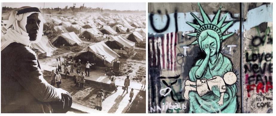 On the left, a school at the Jaramana Refugee Camp in Damascus, Syria for Palestinian refugees in 1948. On the right, an artist’s response to Israel's 'security' wall in the West Bank in which Lady Liberty weeps over the Handala.