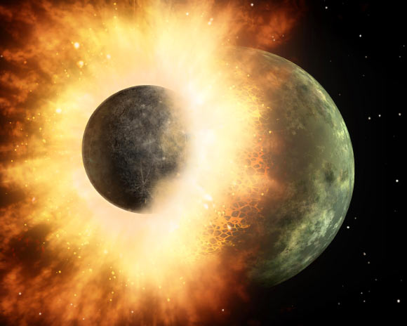 An artist’s depiction of a collision similar to the one that likely formed the Moon.