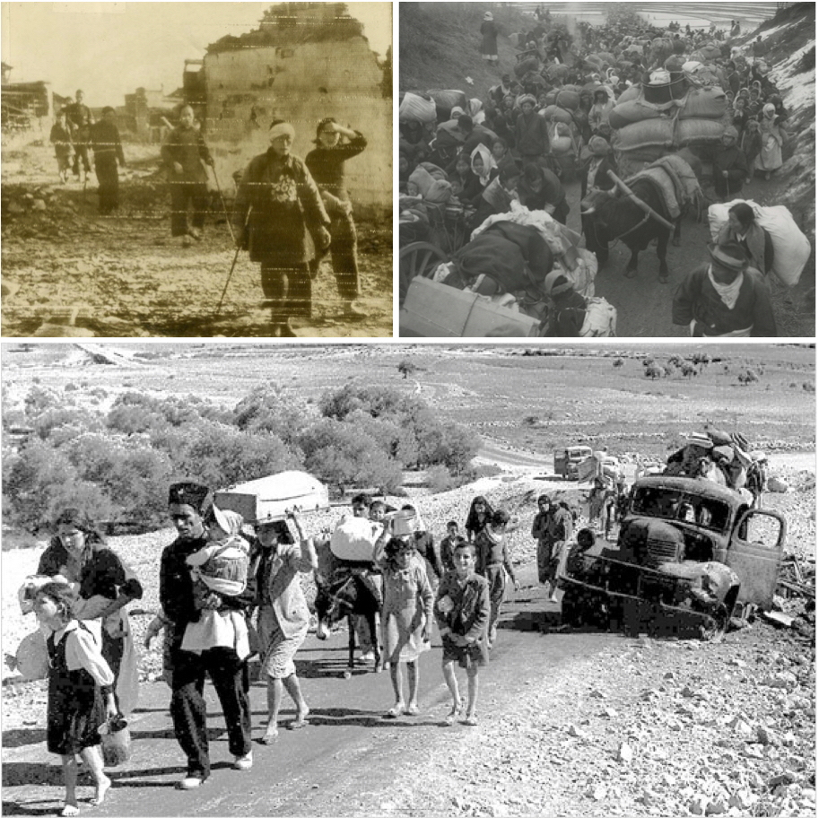 At the top left, Chinese refugees returning home in 1944 only to find their homes destroyed. At the top right, Koreans fleeing south ahead of the advancing Chinese army in 1951. On the bottom, Palestinian refugees forced to flee after the creation of Israel in 1948 and the ensuing war.