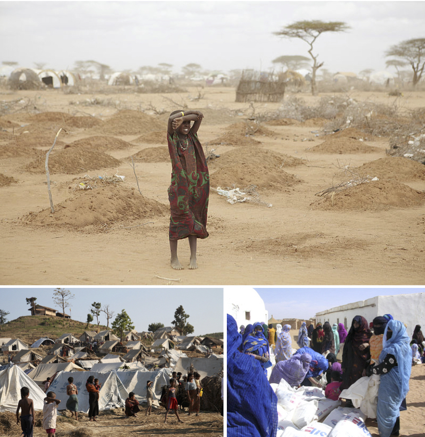 At the top, a mass gravesite for 70 children lies just outside the camp. On the bottom left, the Taung Paw Camp in Rahkhine State, Myanmar (Burma) housing Rohingya refugees from Bangladesh in 2012. On the bottom right, Saharawi refugee women from the Western Sahara in 2004 gathering to collect flour.