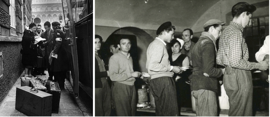 On the left, the Austrian Red Cross assisting some of the quarter of a million Hungarians who fled in 1956. On the right, the British Red Cross fed and housed 7,500 Hungarian refugees in food kitchens like this one in Austria.
