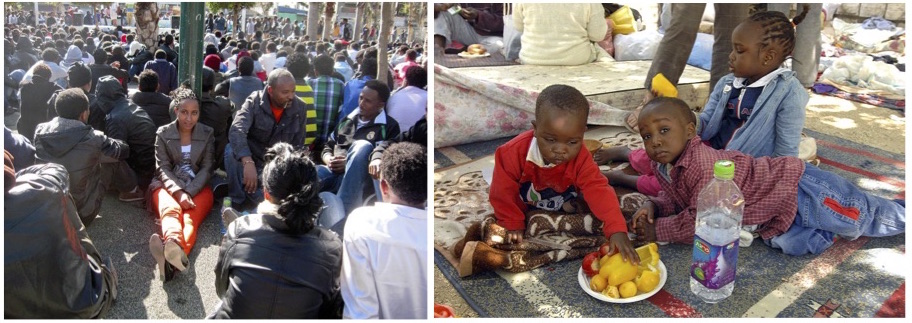 On the left, Eritrean asylum seekers in a Tel Aviv, Israel park in 2014. On the right, refugees from Sudan’s Darfur region in a Jerusalem park in 2007.