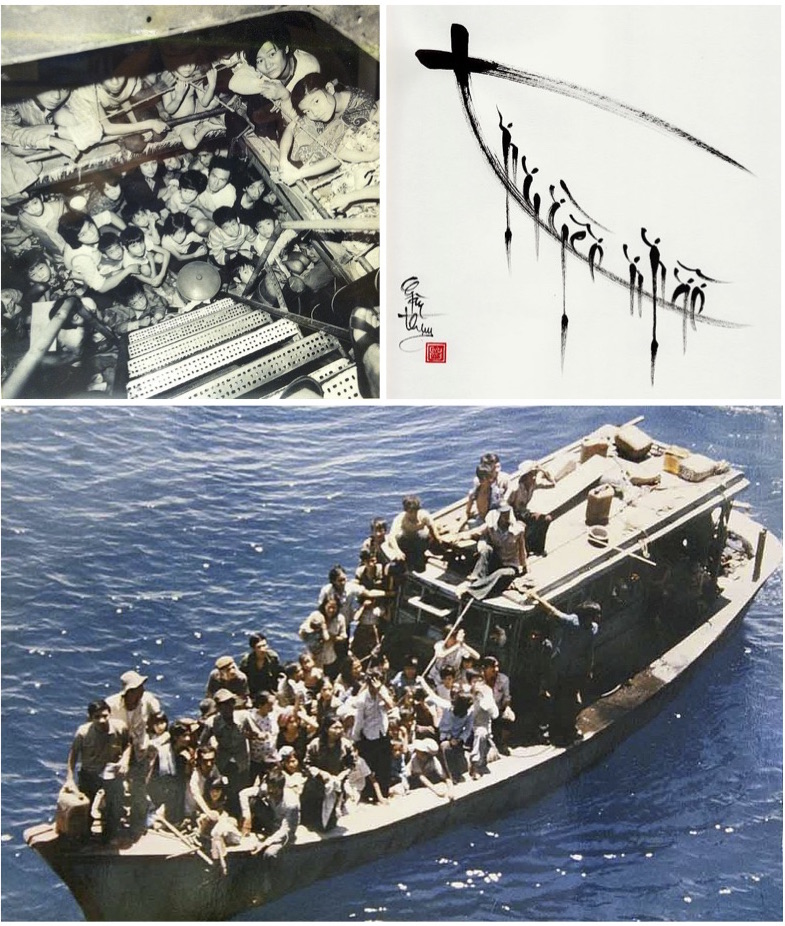 At the top left, Vietnamese refugees who fled to Hong Kong were detained in small, cramped camps. At the top right, an artist’s depiction of the Vietnamese refugees escaping by boat done in impressionistic calligraphy. On the bottom, a photograph displayed at the Vietnamese Boat People Monument in Westminister, California.