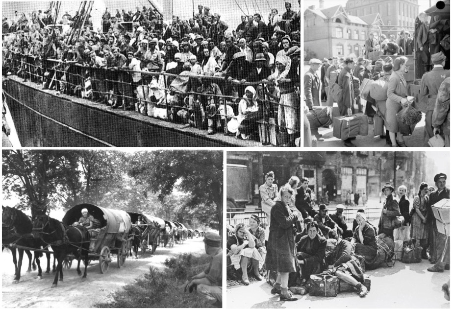 At the top left, Polish refugees sailing to Iran in 1942. At the top right, an estimated 120,000 displaced persons were housed on the grounds of the Hamburg Zoo. At the bottom left, Black Sea German refugees fleeing Hungary in 1944. At the bottom right, refugees in 1945 Berlin awaiting transportation.