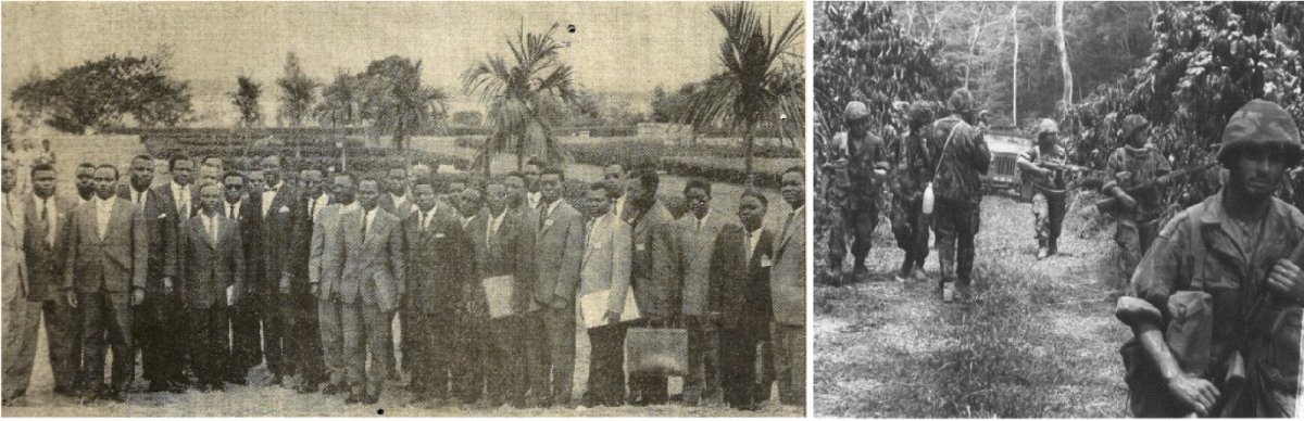 On the left, Patrice Lumumba immediately after being sworn in as the first Prime Minister of the Democratic Republic of the Congo. On the right, Portuguese soldiers in Angola during the War of Liberation.