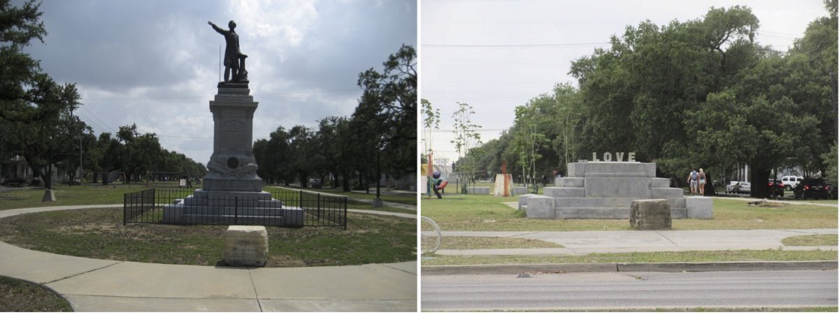 On the left, the monument to Jefferson Davis in New Orleans, LA. On the right, someone placed an unofficial replacement monument on the platform that once held a statue of the President of the Confederacy. The replacement monument says, 'LOVE.'