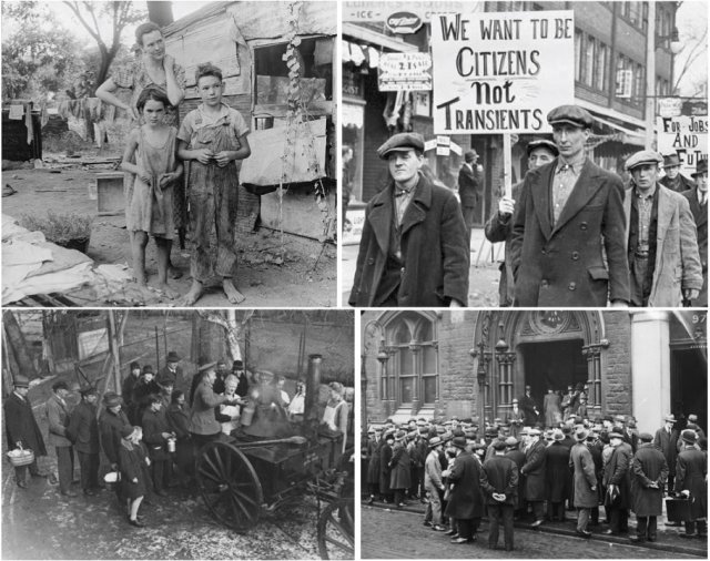 On the top left, a poor Oklahoma family in 1936. On the top right, a protest against unemployment in Toronto, Canada. On the bottom left, the German Army feeding the poor in 1931 Berlin. On the bottom right, unemployed people in front of a London workhouse.