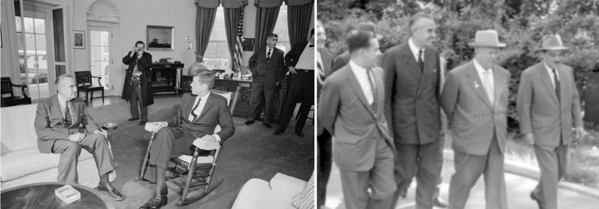 On the left, President Kennedy and Averell Harriman meeting in the Oval Office. On the right, Harriman with Soviet Premier Nikita Khrushchev.