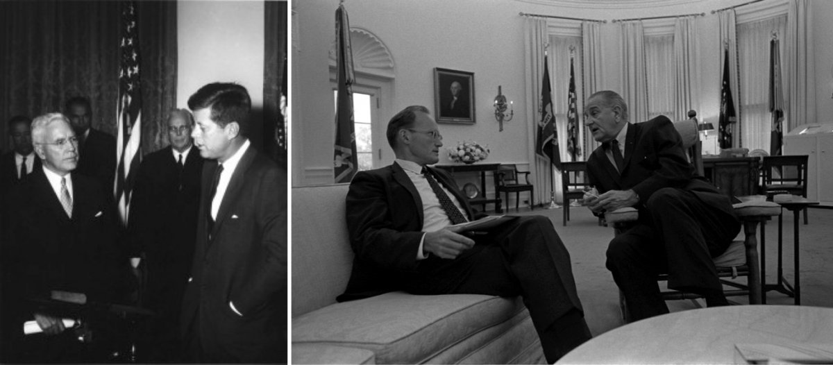 On the left, President Kennedy with CIA Director John McCone. On the right, President Johnson with McGeorge Bundy.
