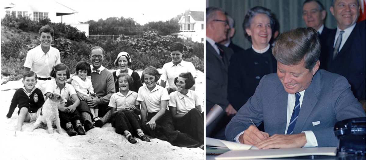On the left, the Kennedy Family at Hyannis Port, MA in 1931 with Rosemary Kennedy on the far right. On the right, President John F. Kennedy signing the Mental Retardation Facilities and Community Mental Health Center Construction Act in late October 1963.