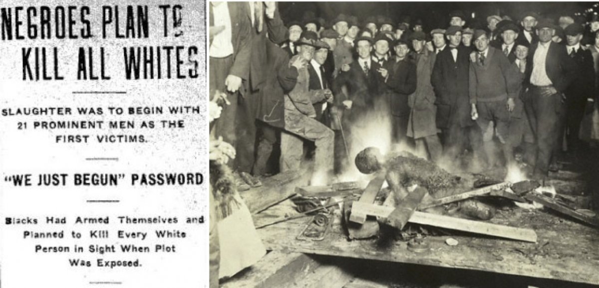 On the left, an inflammatory newspaper headline meant to justify the recent mass violence against African-Americans in Elaine, Arkansas in 1919 by suggesting that the black population had planned an uprising. On the right, a white mob poses with the body of a lynched African-American in Omaha, Nebraska in September 1919.