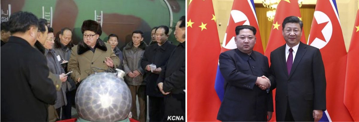 On the left, a North Korean image of Kim Jong-un supposedly with a miniaturized nuclear bomb. On the right, Chinese President Xi Jinping invited Kim to China for talks in 2018.