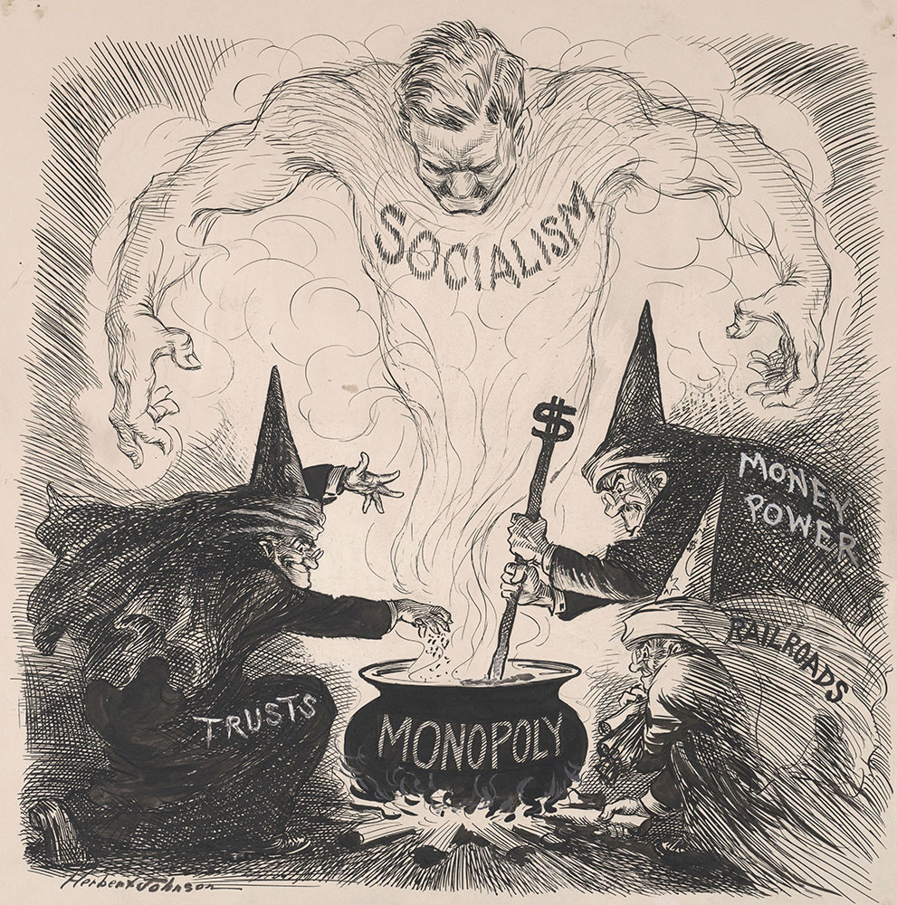 A political cartoon showing the forces that led to the rise of socialism.