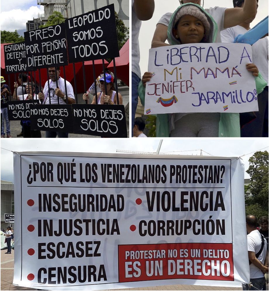 On the top left, a protest against the arrest of protestors, particularly Leopoldo Lopez—a popular politician arrested in 2014. On the top right, a child protestor asking for freedom for her mother, a political prisoner. On the bottom, a 2014 sign detailing why Venezuelans protest: insecurity, injustice, shortages, censorship, violence, and corruption.