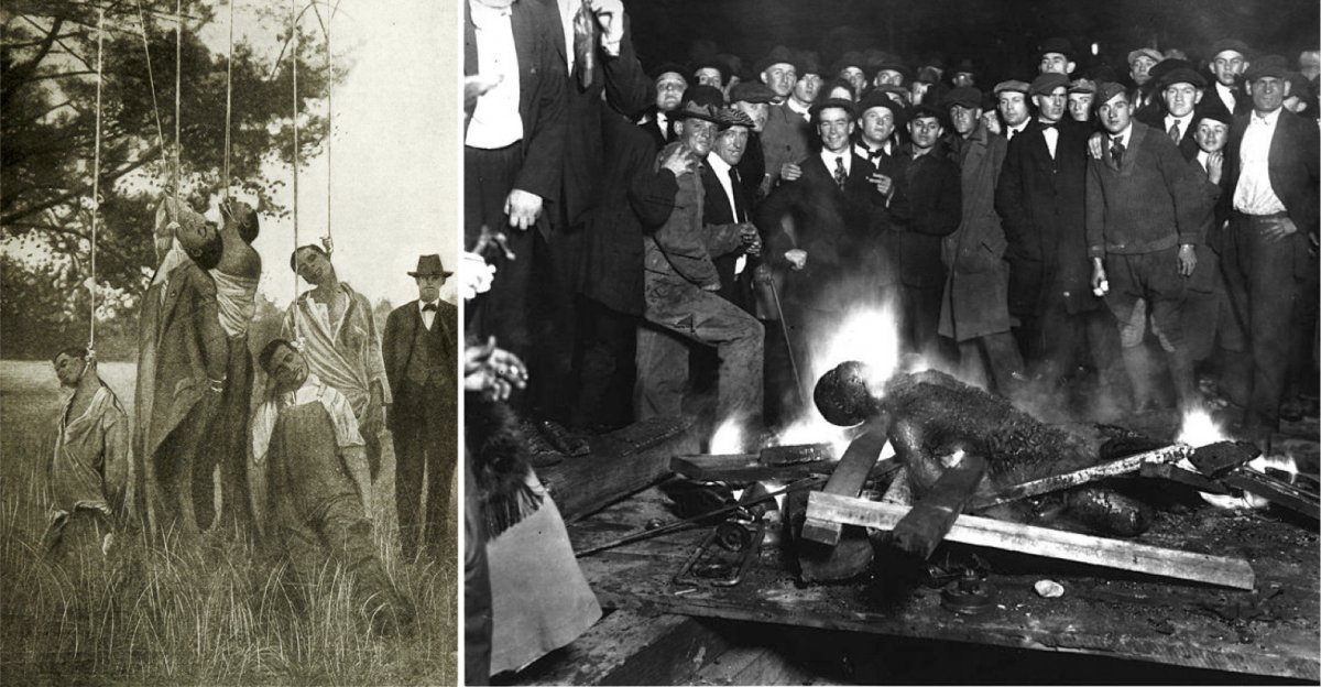 On the left, the bodies of six lynched African Americans in Lee County, GA in 1916. On the right, white men posing around the mutilated and charred corpse of William Brown in Omaha, NE in 1919.