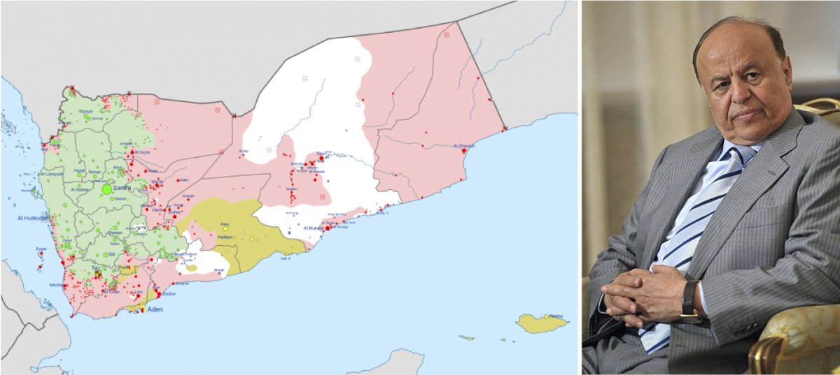 On the left, a territorial map of Yemen from 2018 with Houthi areas in green. On the right, Abd Rabu Mansur Hadi in 2013.