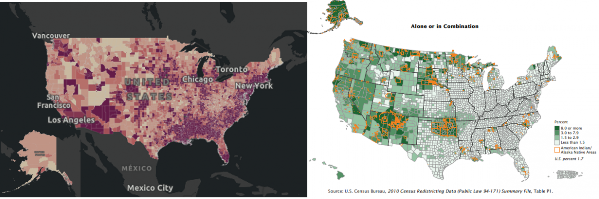 On the left, a map of cases of COVID-19 by county. On the right, a map of the percentage of population of Native Americans and Alaska Natives by county.