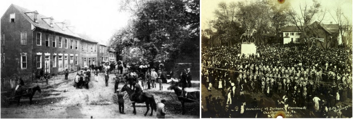 On the left, the 'rowdy' neighborhood of McKee Row was demolished in 1919 to build Stonewall Jackson’s monument. On the right, the unveiling of the Stonewall Jackson Monument in Charlottesville, VA in 1921.