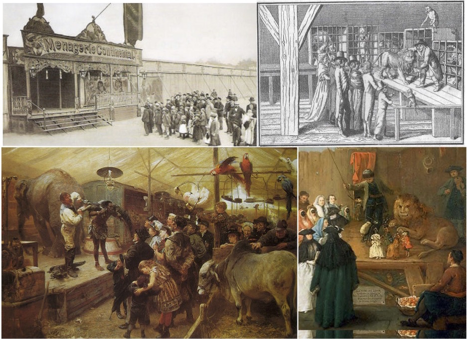 On the top left, Carl Krone’s circus exhibit. On the top right, a traveling menagerie in Germany. On the bottom left, an 1894 painting of a German menagerie show. On the bottom right, a 1762 painting of a lion exhibit in Italy.