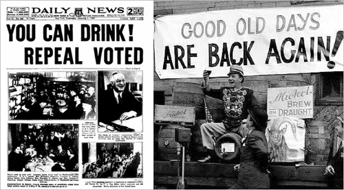 On the left, a newspaper celebrating the repeal of the 18th Amendment. On the right, a man drinking to celebrate the end of Prohibition.