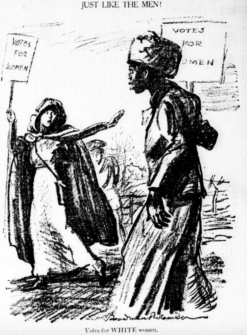 'Votes for WHITE women!': A 1913 newspaper cartoon showing a white suffragist turning away a Black woman at a suffragist march.