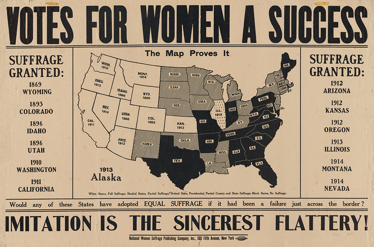 A 1914 map, showing the progression of women's suffrage in various states.