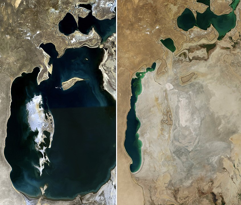 A comparison of satellite images of the Aral Sea in 1989 (left) and 2014 (right).