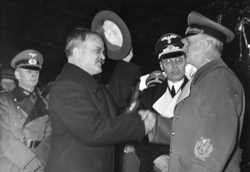 Soviet Foreign Minister Vyacheslav Molotov says goodbye to the German Foreign Minister Joachim von Ribbentrop at the Anhalter Bahnhof following their meeting in November, 1940