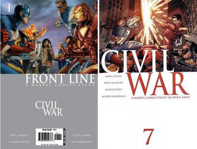 On the left, the cover of Civil War: Front Line #01. On the right, cover of Civil War 7.