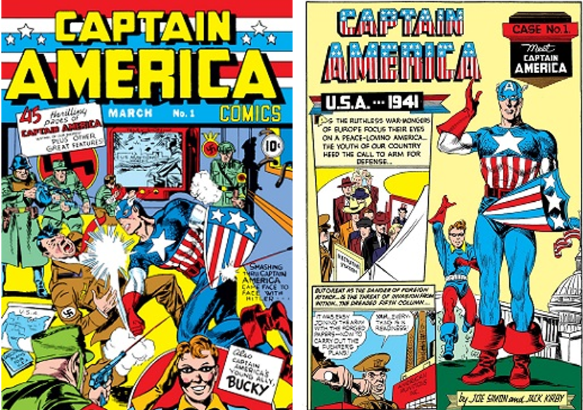 On the left, the cover of Captain America Comics #1. On the right, interior artwork the cover of Captain America Comics #1.