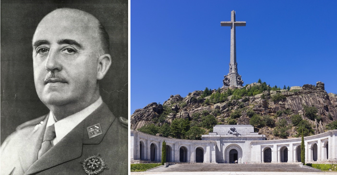 On the left, portrait of Francisco Franco in 1964 from Biblioteca Virtual de Defensa. On the right, the Valley of the Fallen in San Lorenzo de El Escorial, Spain.