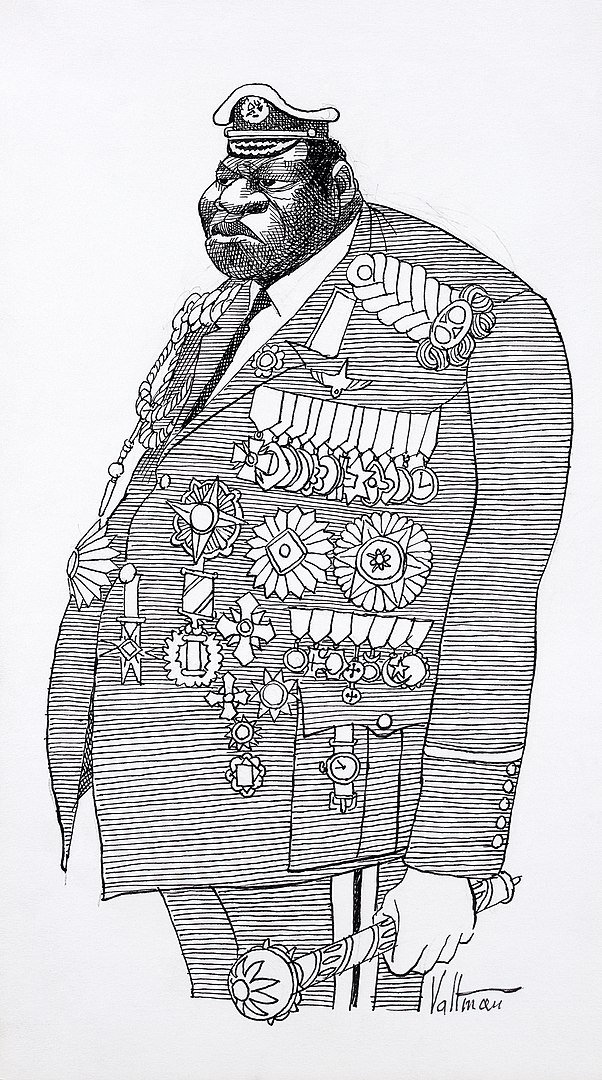 A 1977 caricature of Idi Amin in military and presidential dress.