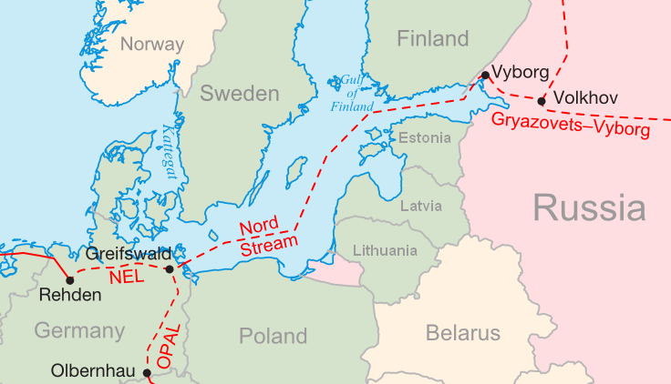 A map of the original Nord Stream pipeline with connecting lines.