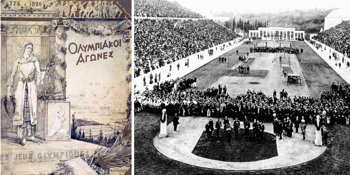 On the left, cover of the official report of the 1896 Athens Summer Olympics. On the right, the Opening Ceremony of the 1896 Olympic Games.