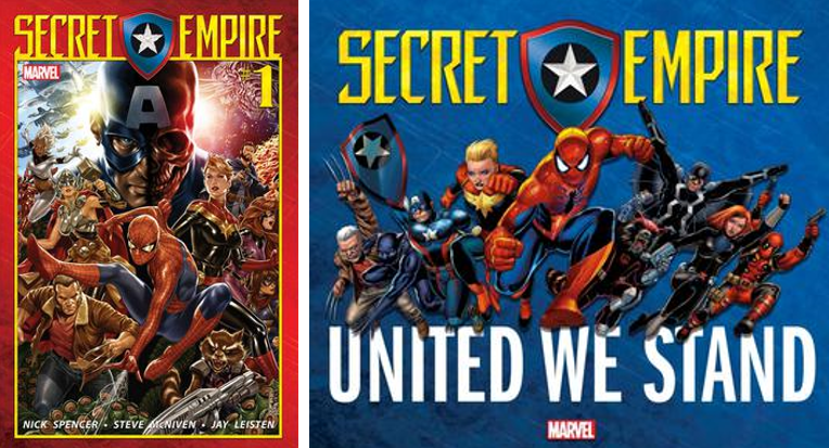 On the left, cover of Secret Empire #1. On the right, teaser poster for Secret Empire.