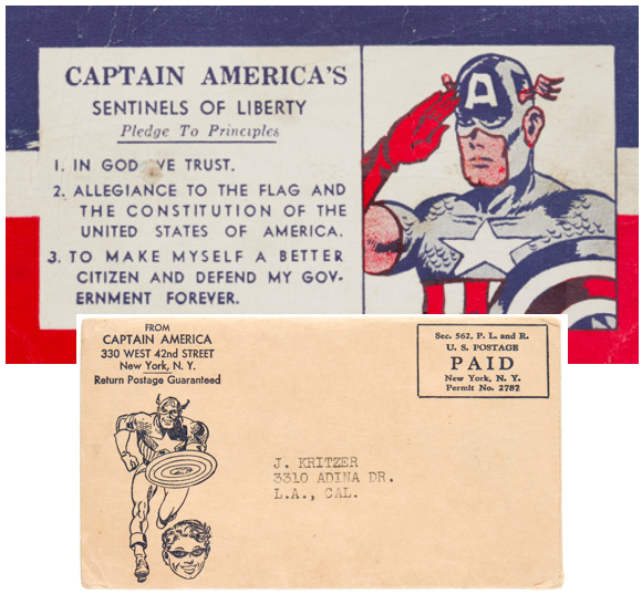 On the top, Captain America’s Sentinels of Liberty membership card. On the bottom, Captain America's Sentinels of Liberty kit postage.