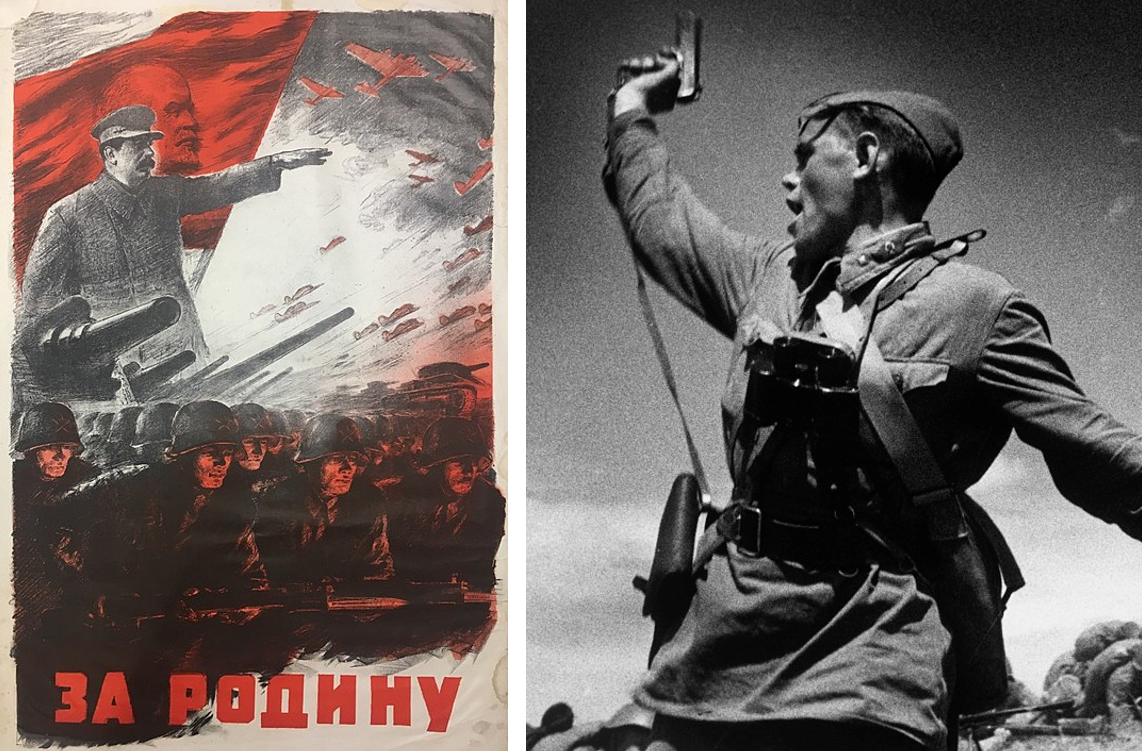 On the left, a Soviet war poster from 1941. On the right, a Soviet junior political officer urges Soviet troops forward against German positions, 1942