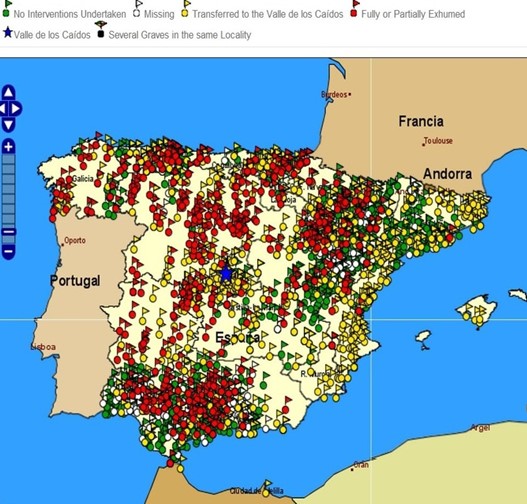 Spanish Civil War grave sites. Location of known burial places. Colors refer to the type of intervention that has been carried out.