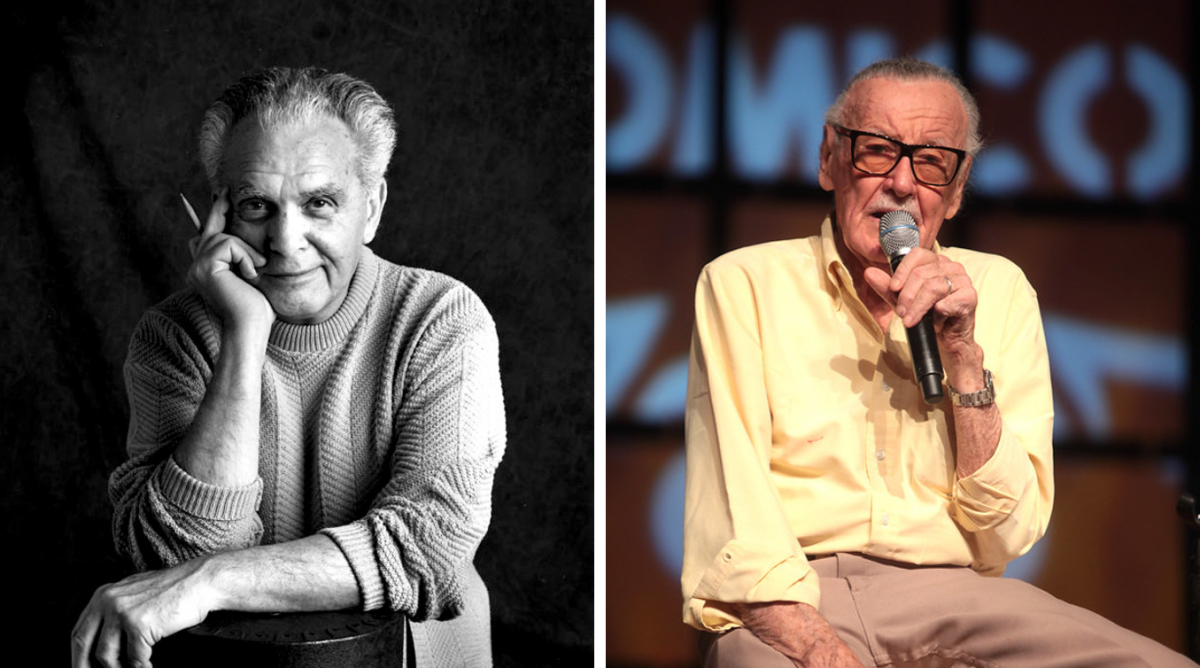 On the left, a 1992 photo of Jack Kirby. On the right, Stan Lee speaking at the 2014 Phoenix Comic-Con.