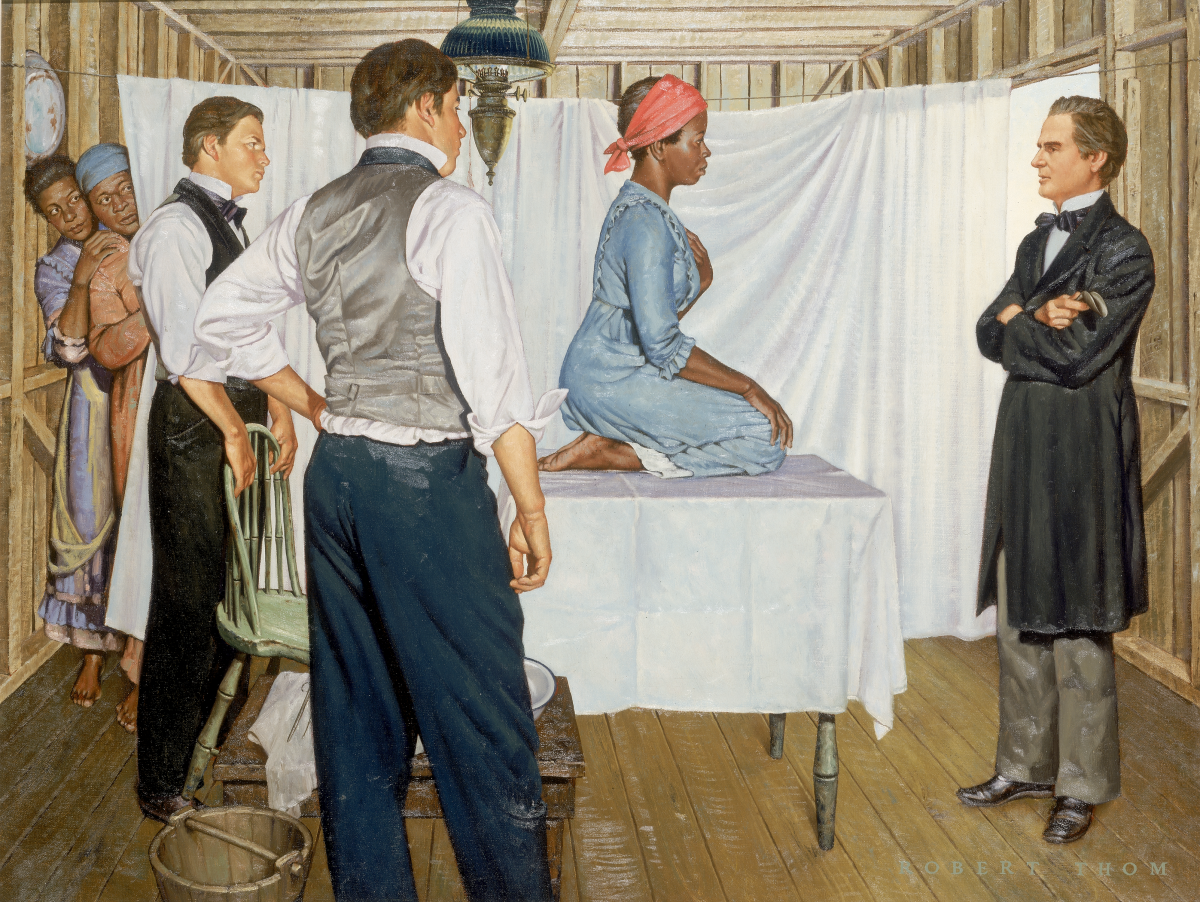 This 1952 illustration by Robert Thom of Sims' gynecological experiments involving enslaved women is part of a larger collection entitled Great Moments in Medicine.