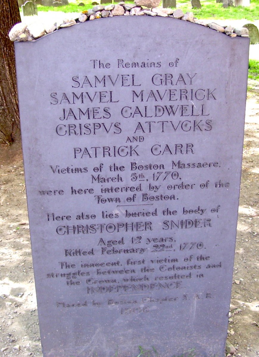 The headstone at the burial site of the victims of the Boston Massacre.