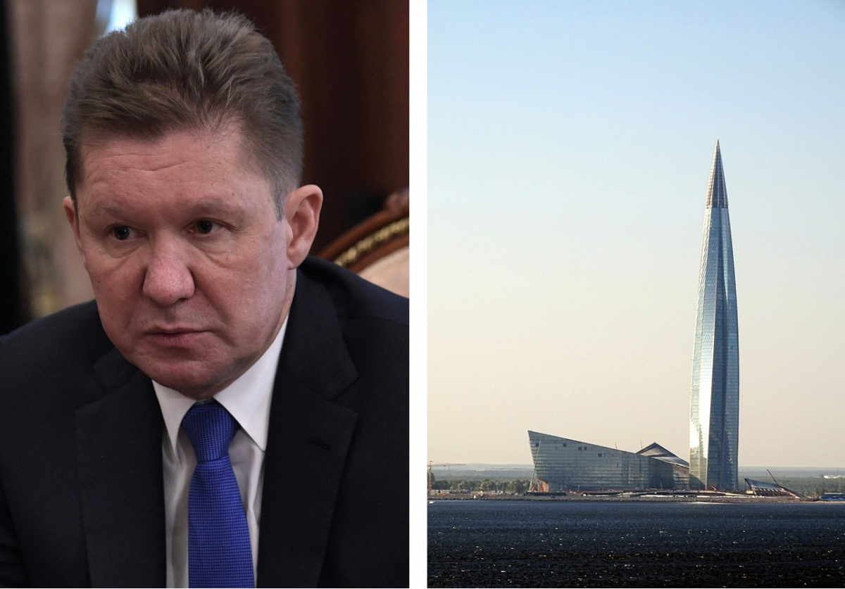 On the left, Alexey Miller. On the right, Gazprom's headquarters.