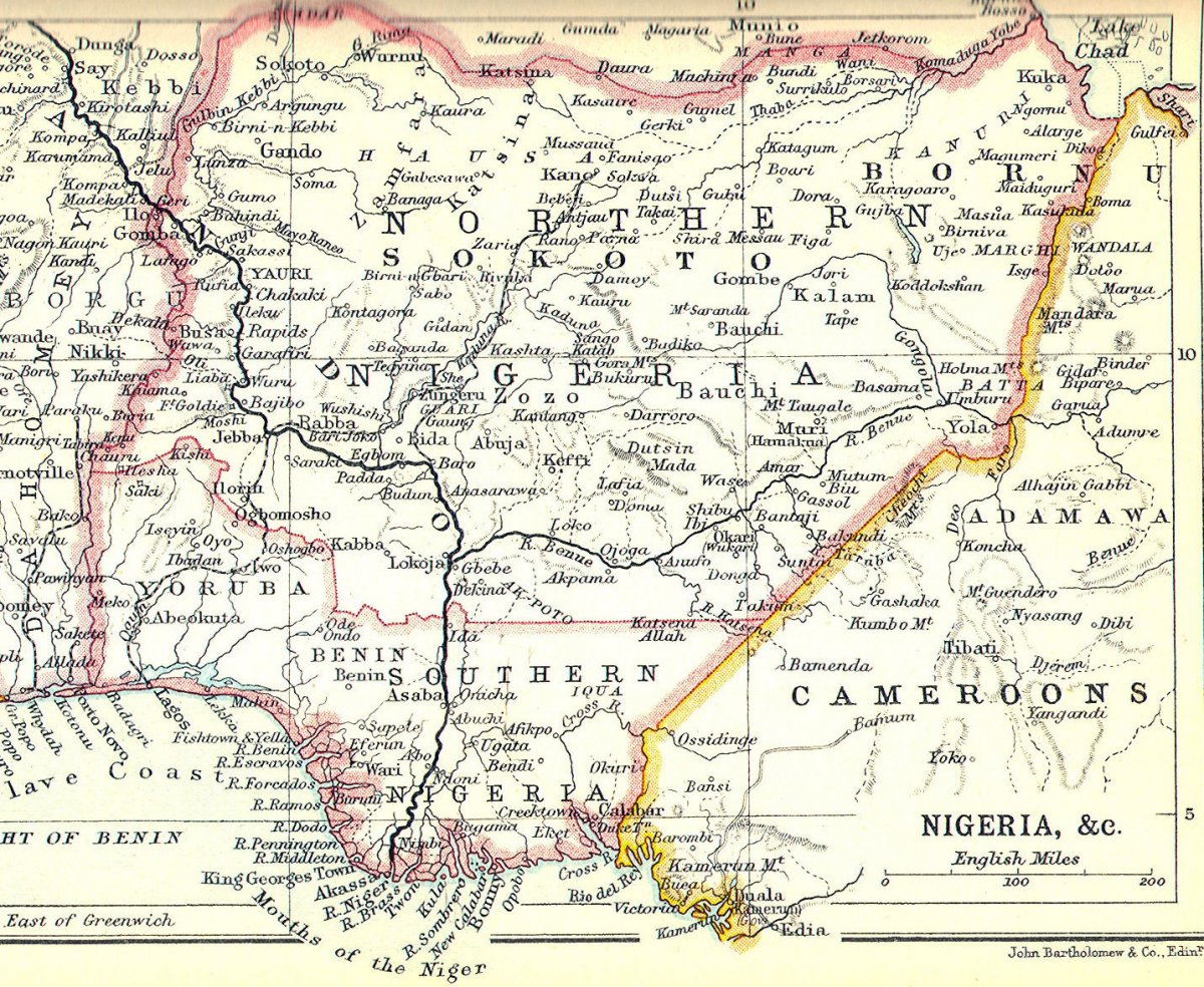 A map of Nigeria in 1914, following the unification of its Northern and Southern Provinces.