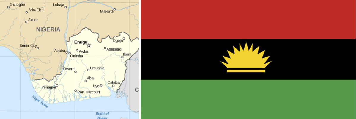 On the left, map of the de facto republic of Biafra. On the right, the flag of the Republic of Biafra