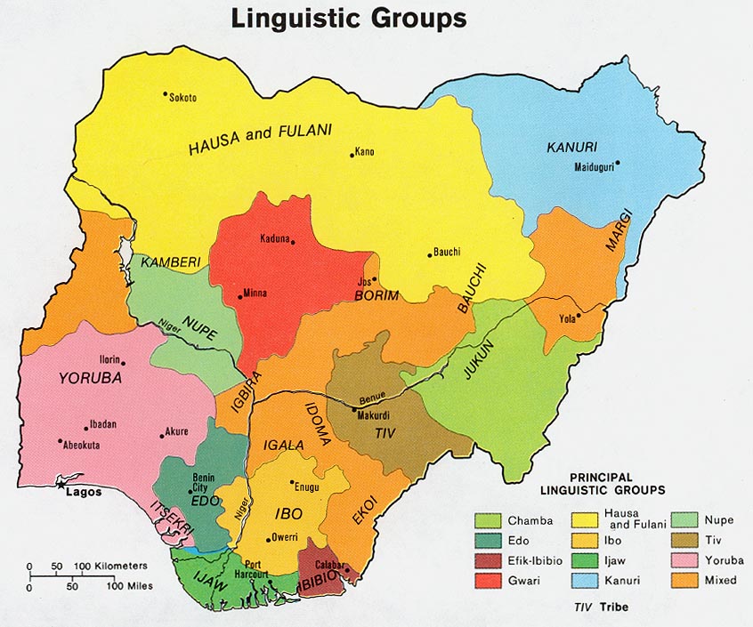 A map depicting the ethno-linguistic groups of Nigeria.