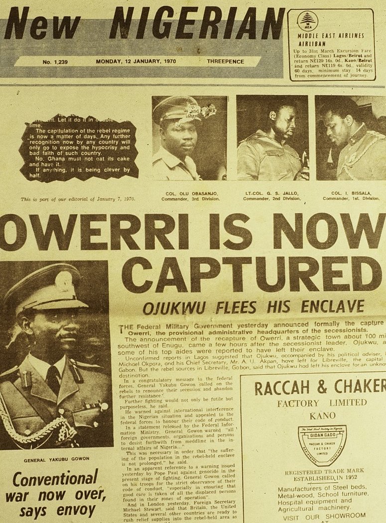 New Nigerian newspaper announcing the end of the war, January 1970.