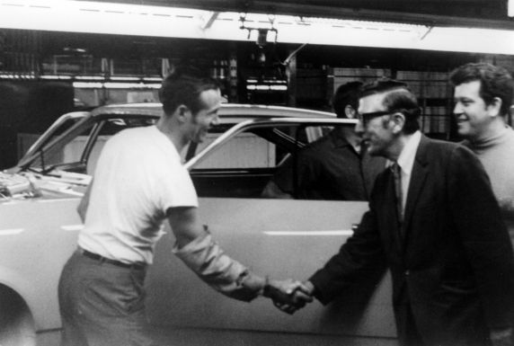 UAW President Leonard Woodcock with a Lordstown, OH assembly line worker in 1970.