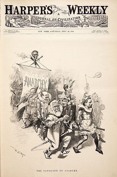An 1894 political cartoon showing Eugene Debs as the crowned leader of the Pullman Strike.