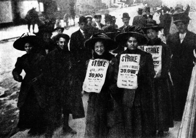 Striking workers demanding higher wages and shorter hours in 1909.