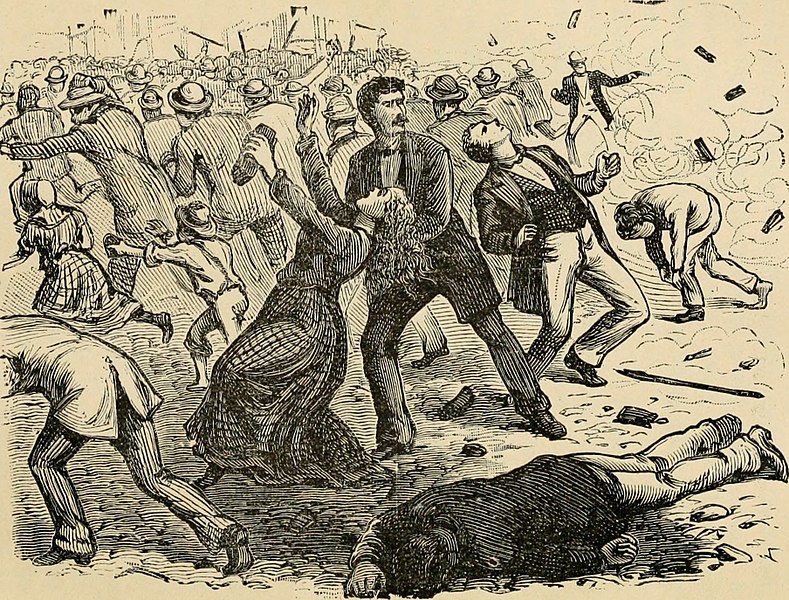 A depiction of the Reading Railroad Massacre during the Great Strike of 1877 when 10 to 16 protesters were killed and hundreds injured.